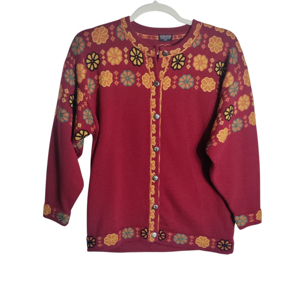 Vrikke Irene Haugland Zahl Wool Cardigan Nordic Floral Burgundy Red Womens L